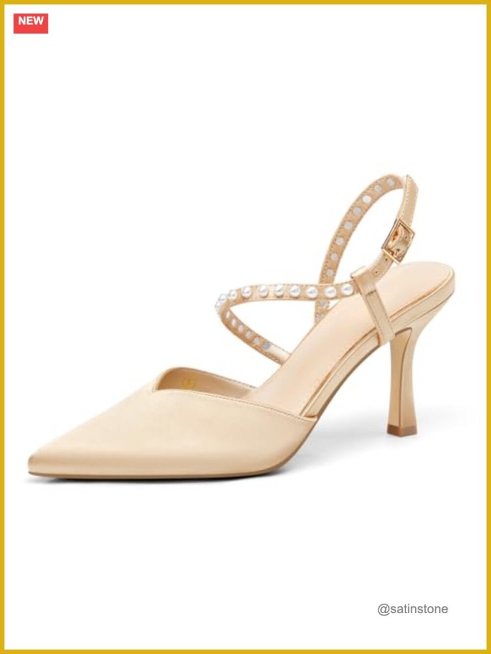 Coutgo Pearl Satin Pumps Pointed Toe Ankle Strap Wedding High Heels